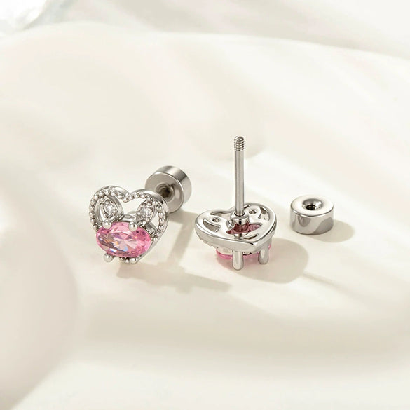 Titanium Steel Heart Rabbit Earrings With Zirconia For Women