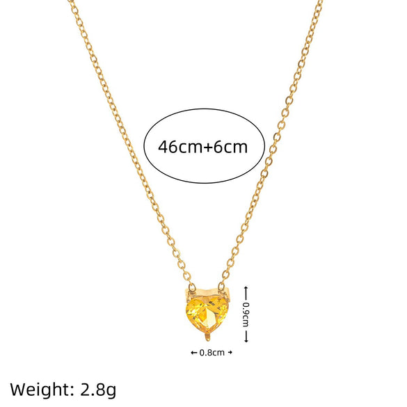 Titanium Steel Heart Shape Birthstone Pendant Necklace Electroplated O Word Chain Unisex