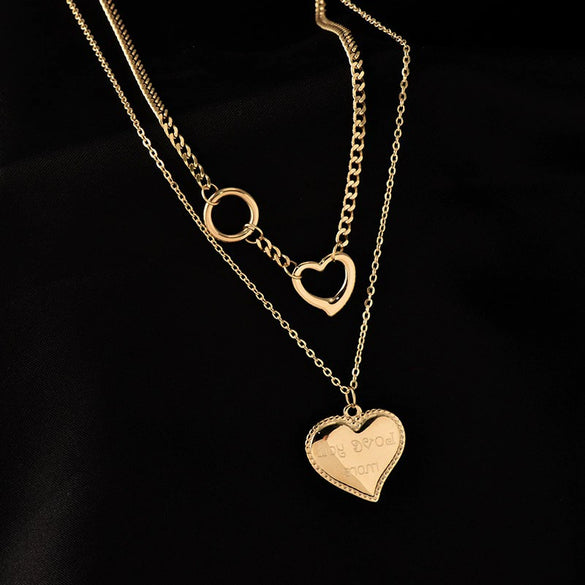 Titanium Steel Heart Shape Pendant Necklace Electroplated Love Lettering Doublelayered Versatile Simple Fashion For Women
