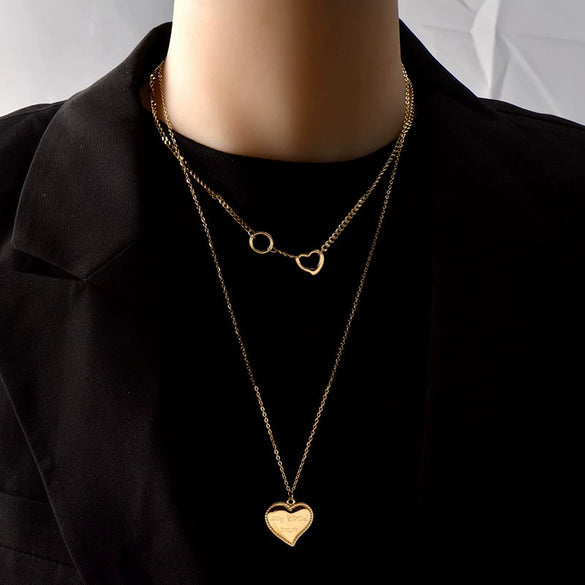 Titanium Steel Heart Shape Pendant Necklace Electroplated Love Lettering Doublelayered Versatile Simple Fashion For Women