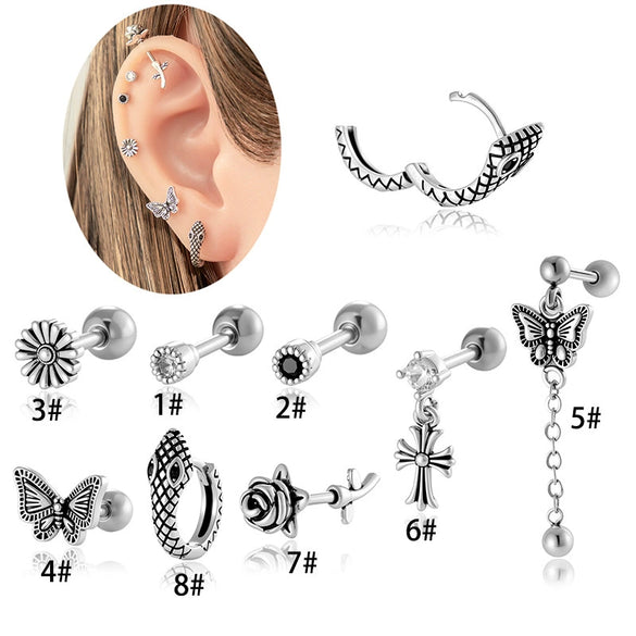 Titanium Steel Heart Shape Piercing Earrings With Electroplating French Retro Punk Style For Women