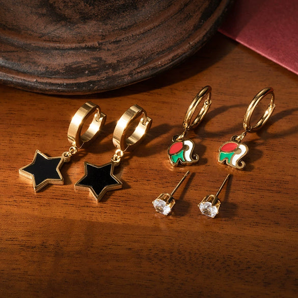 Titanium Steel Heart Shape Star Elephant Zircon Set Earrings Electroplated