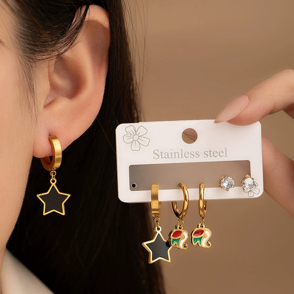Titanium Steel Heart Shape Star Elephant Zircon Set Earrings Electroplated
