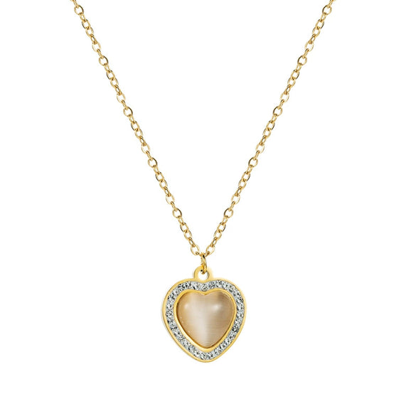 Titanium Steel Heart Shaped Pendant Necklace With Cat's Eye Stone And Zircon Geometric Electroplated O Chain