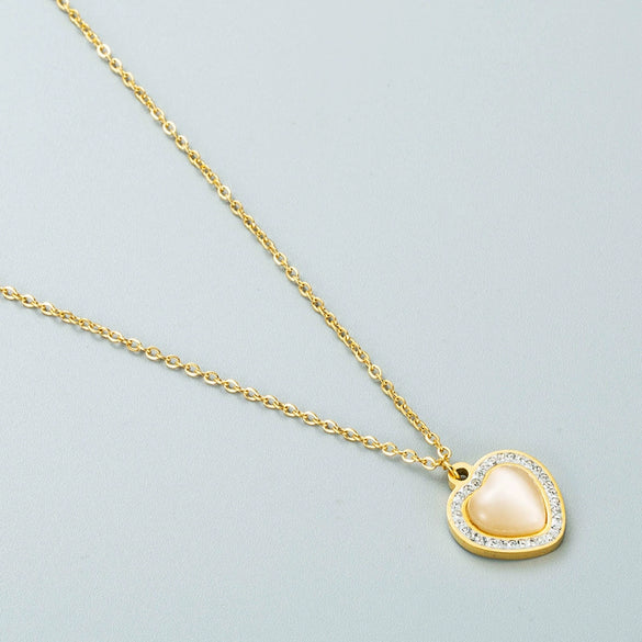 Titanium Steel Heart Shaped Pendant Necklace With Cat's Eye Stone And Zircon Geometric Electroplated O Chain