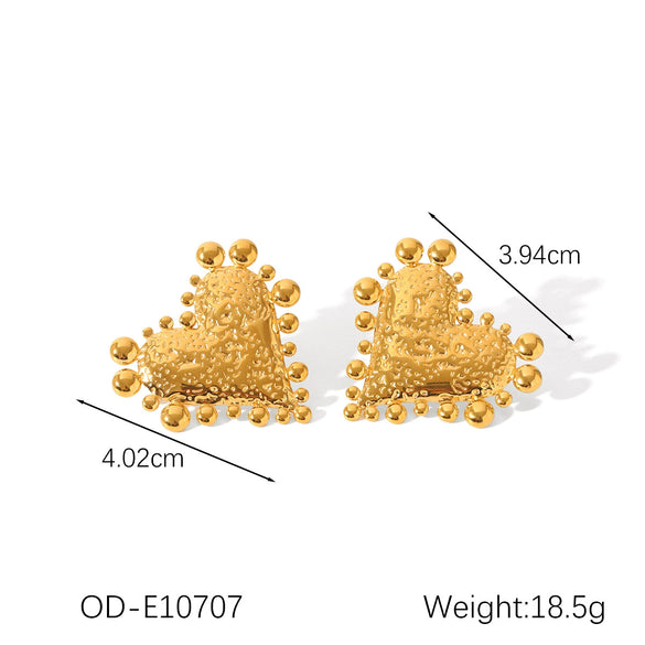 Titanium Steel Heart Shaped Ring And Earrings With Hammer Pattern And Exaggerated Design Electroplated