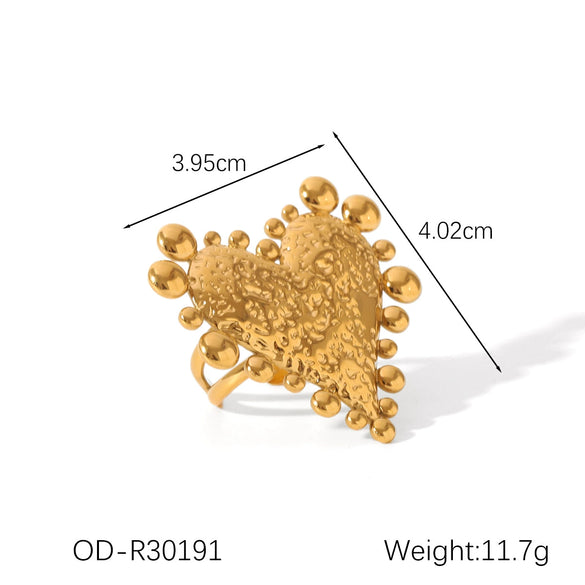 Titanium Steel Heart Shaped Ring And Earrings With Hammer Pattern And Exaggerated Design Electroplated