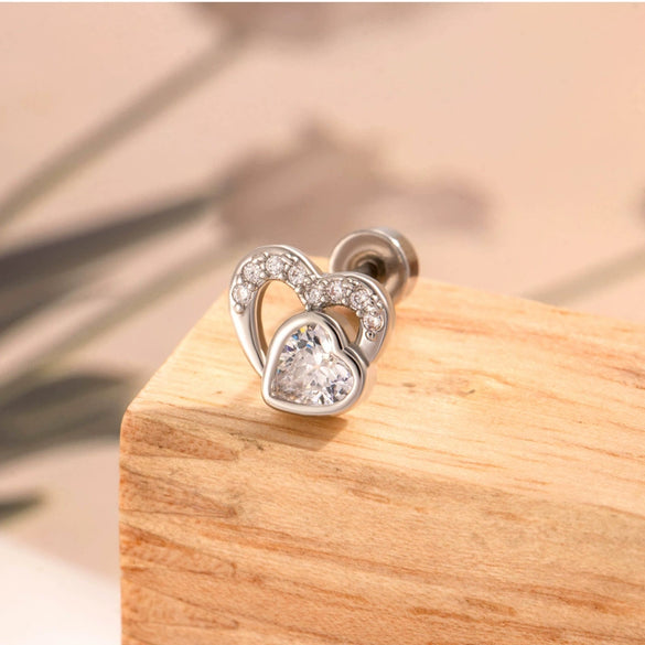 Titanium Steel Heart Shaped Zircon Earrings With Double Head Screw For Unisex Fashion Style