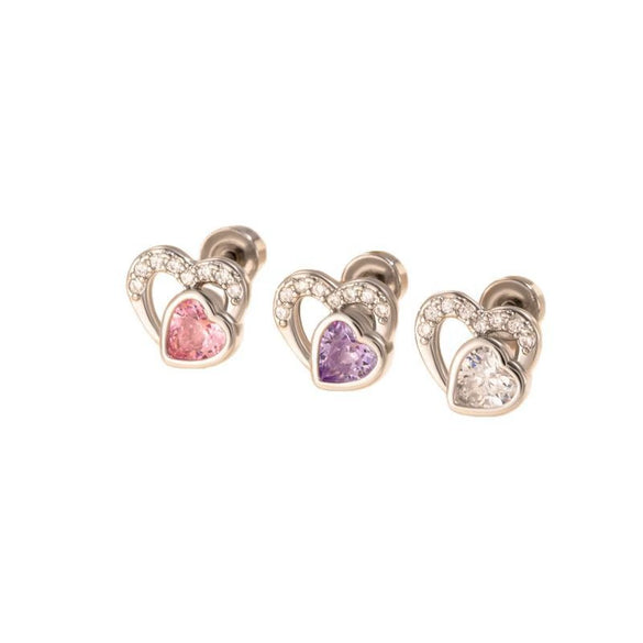 Titanium Steel Heart Shaped Zircon Earrings With Double Head Screw For Unisex Fashion Style