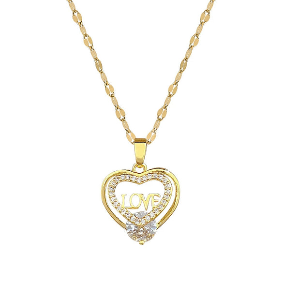 Titanium Steel Heartshaped Clavicle Chain With Copper Pendant And Geometric Pattern And Diamond Design