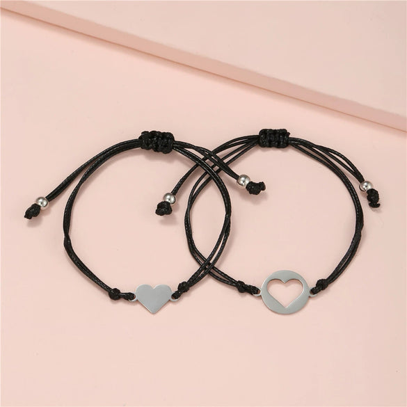 Titanium Steel Heartshaped Geometry Style Adjustable Unisex Bracelet 2Piece Set