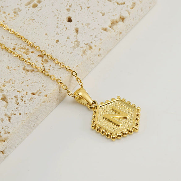 316L Stainless Steel Hexagonal Letter Pendant Necklace For Women With Electroplating And Ochain