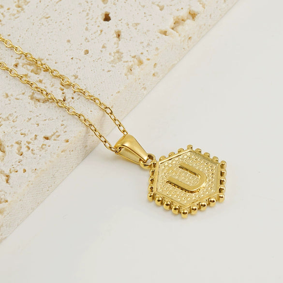 316L Stainless Steel Hexagonal Letter Pendant Necklace For Women With Electroplating And Ochain