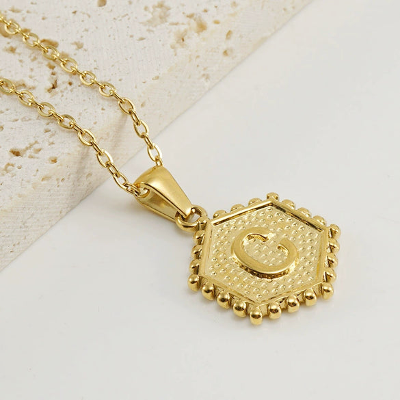 316L Stainless Steel Hexagonal Letter Pendant Necklace For Women With Electroplating And Ochain
