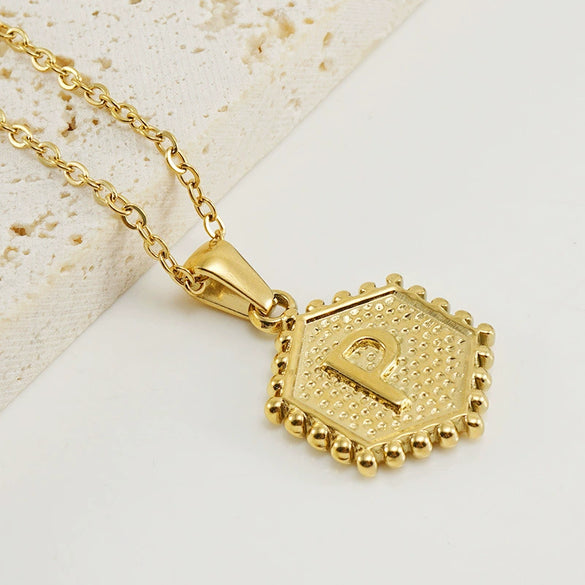 316L Stainless Steel Hexagonal Letter Pendant Necklace For Women With Electroplating And Ochain