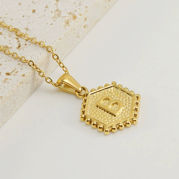 316L Stainless Steel Hexagonal Letter Pendant Necklace For Women With Electroplating And Ochain