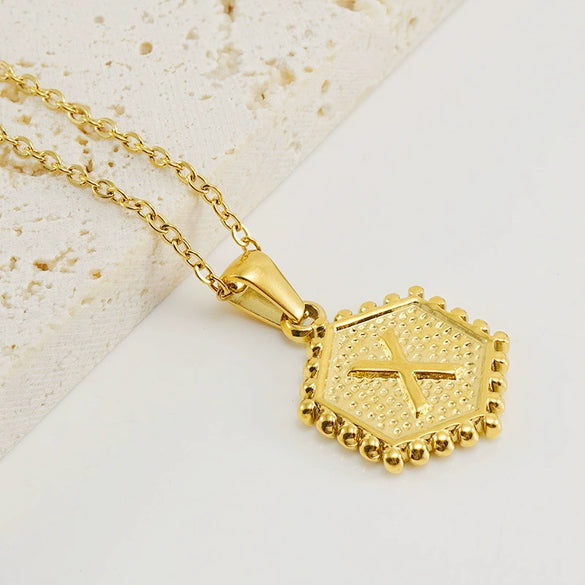 316L Stainless Steel Hexagonal Letter Pendant Necklace For Women With Electroplating And Ochain