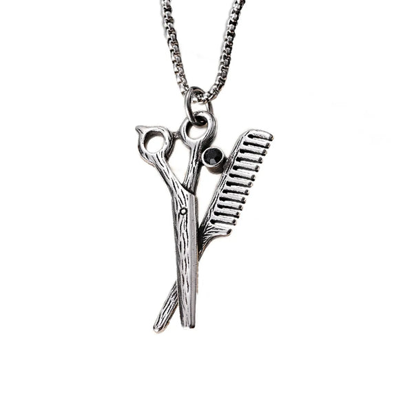 304 Stainless Steel Hip-Hop Punk Scissors COMD Hammer Turquoise Glass Stone Pendant Necklace