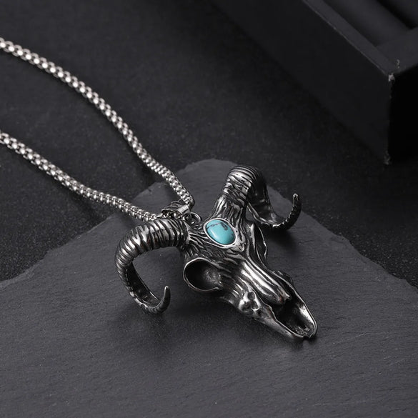304 Stainless Steel Hip-Hop Punk Scissors COMD Hammer Turquoise Glass Stone Pendant Necklace