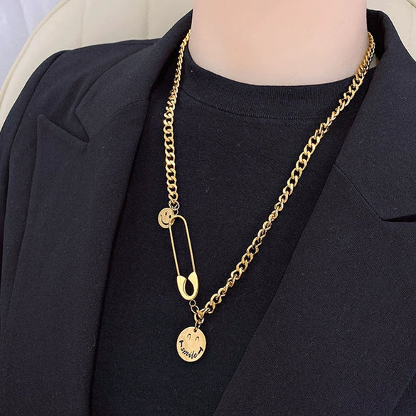 Titanium Steel Hiphop Necklace With Smiley Pin Pendant Geometric Design Electroplated For Men And Women