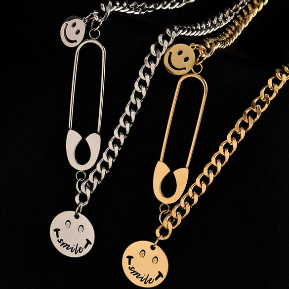 Titanium Steel Hiphop Necklace With Smiley Pin Pendant Geometric Design Electroplated For Men And Women
