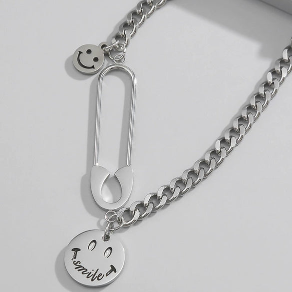 Titanium Steel Hiphop Necklace With Smiley Pin Pendant Geometric Design Electroplated For Men And Women