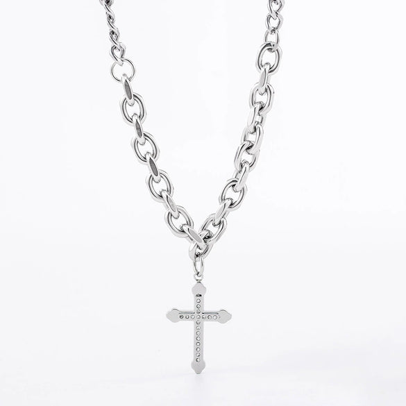 Titanium Steel Hiphop Style Geometric Diamond Cross Pendant Long Necklace