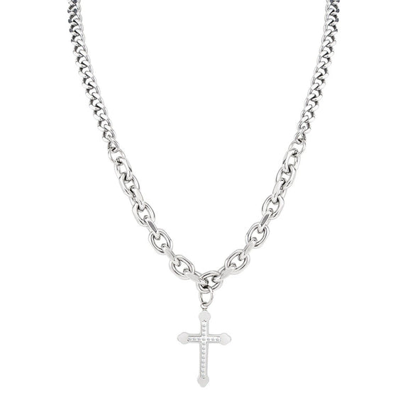 Titanium Steel Hiphop Style Geometric Diamond Cross Pendant Long Necklace