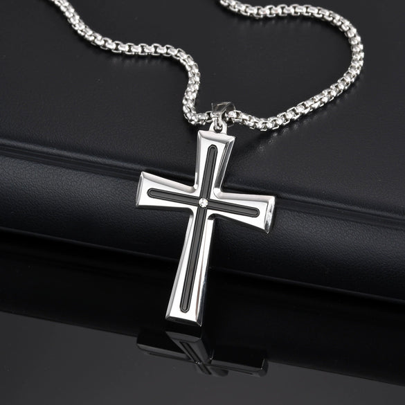 Titanium Steel Hiphop Stylish Geometric Micropaved Cross Pendant Necklace