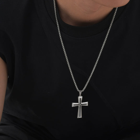 Titanium Steel Hiphop Stylish Geometric Micropaved Cross Pendant Necklace