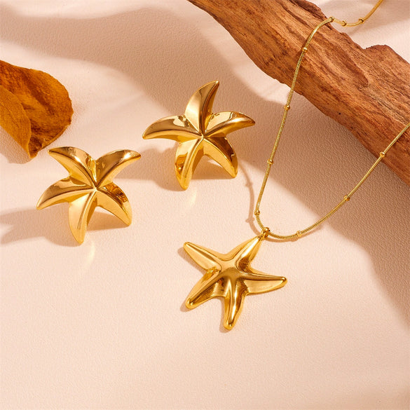 Titanium Steel Hollow Starfish Earrings And Necklace With Snake Chain And Plant Flowers Pattern 18Pvd Electroplated For Women