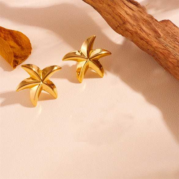 Titanium Steel Hollow Starfish Earrings And Necklace With Snake Chain And Plant Flowers Pattern 18Pvd Electroplated For Women