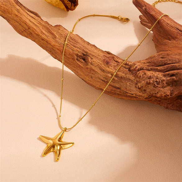 Titanium Steel Hollow Starfish Earrings And Necklace With Snake Chain And Plant Flowers Pattern 18Pvd Electroplated For Women