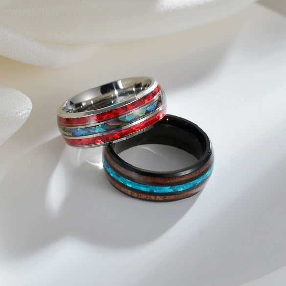 Titanium Steel Inlaid Acacia Wood Imitation Opal Abalone Ushaped Ring Hand Jewelry Electroplating