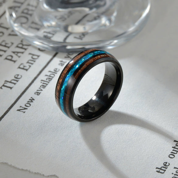 Titanium Steel Inlaid Acacia Wood Imitation Opal Abalone Ushaped Ring Hand Jewelry Electroplating