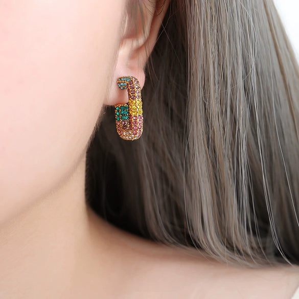316L Stainless Steel Inlaid Multicolor Czech Diamond Geometric Electroplating Earrings