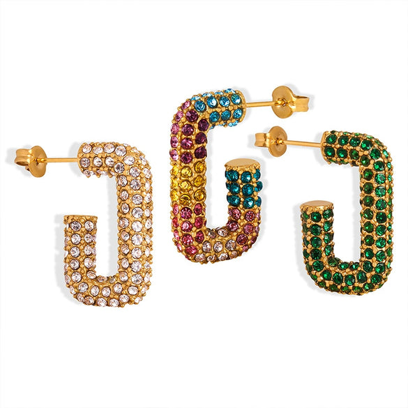316L Stainless Steel Inlaid Multicolor Czech Diamond Geometric Electroplating Earrings