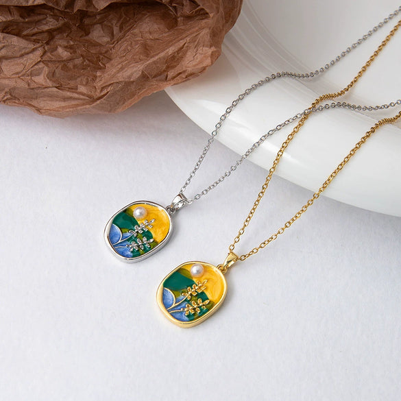 Titanium Steel Inlaid Pearl Oil Painting Necklace For Women With Electroplating Treatment