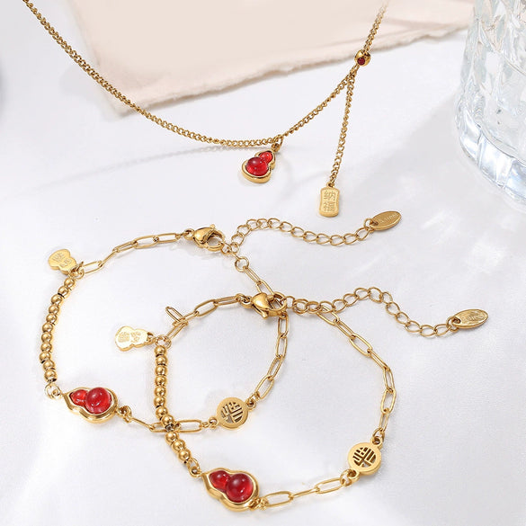 316L Stainless Steel Inlaid Resin Gourd Pendant Necklace For Women Electroplated Fashion Style