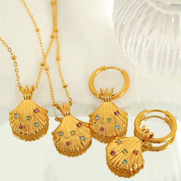 316L Stainless Steel Inlaid Scallop Marine Life Pendant Necklace Earrings Set For Women With Electroplating Design