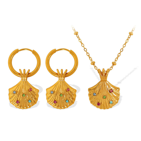 316L Stainless Steel Inlaid Scallop Marine Life Pendant Necklace Earrings Set For Women With Electroplating Design