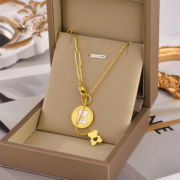 Titanium Steel Inlaid Shell Bear Pendant Necklace For Women Ins Style Fashion Color Retaining Jewelry