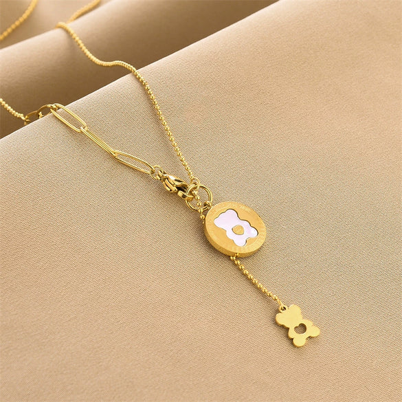 Titanium Steel Inlaid Shell Bear Pendant Necklace For Women Ins Style Fashion Color Retaining Jewelry