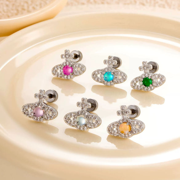 Titanium Steel Inlaid Zircon Lady Saturn Perforated Earrings