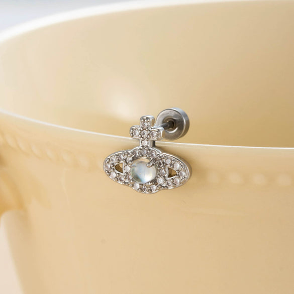 Titanium Steel Inlaid Zircon Lady Saturn Perforated Earrings