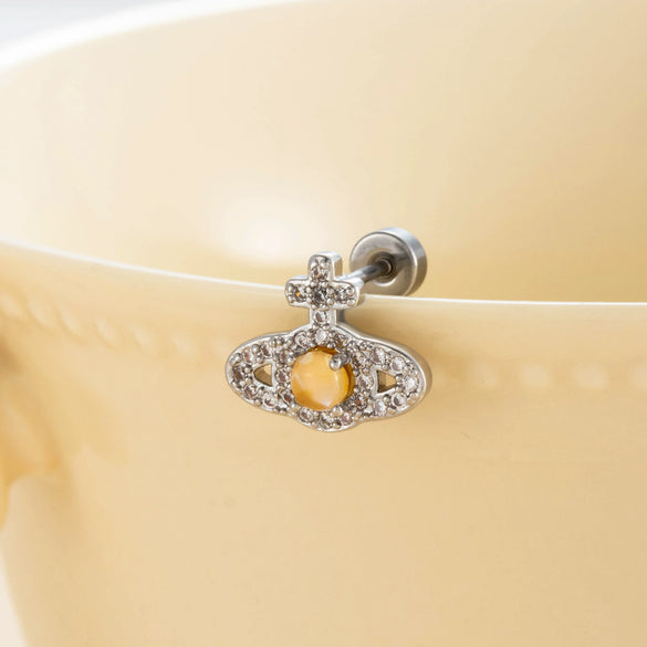 Titanium Steel Inlaid Zircon Lady Saturn Perforated Earrings