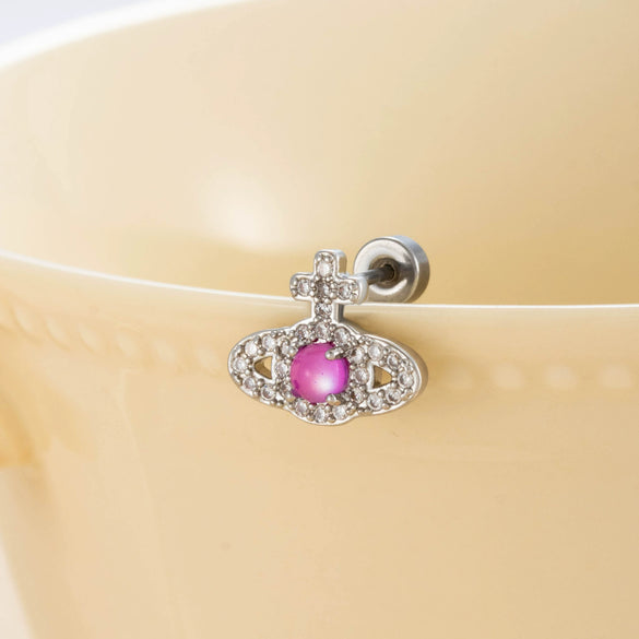 Titanium Steel Inlaid Zircon Lady Saturn Perforated Earrings