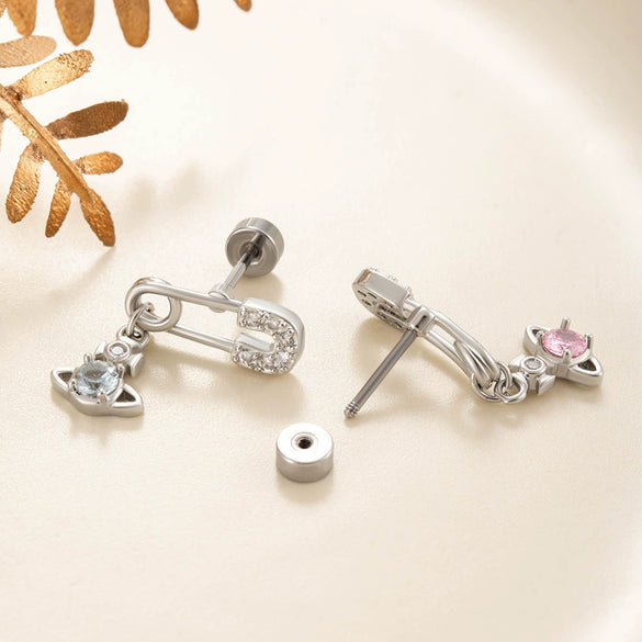 Titanium Steel Inlaid Zircon Saturn Pendant Women's Ear Bone Nail Earrings High Sense Style