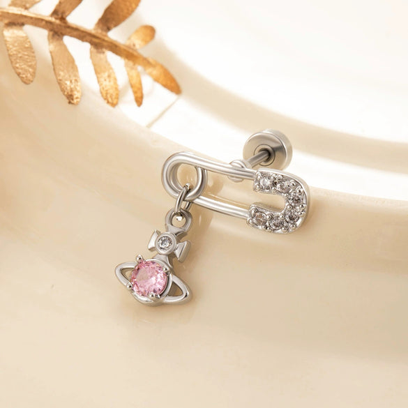 Titanium Steel Inlaid Zircon Saturn Pendant Women's Ear Bone Nail Earrings High Sense Style