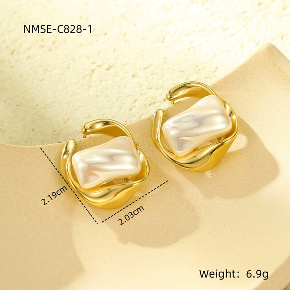 Titanium Steel Irregular Geometric Inlaid Pearl Electroplated Women's Light Luxury Earrings